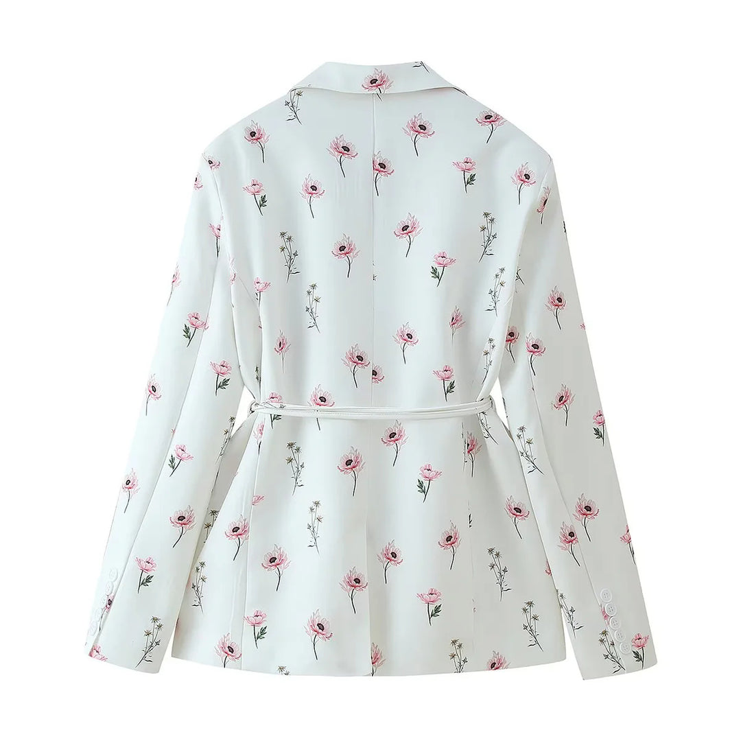 Damen nan floraler Blazerjacke mit Bindegürtel, Pattentaschen und Schalkragen Drune