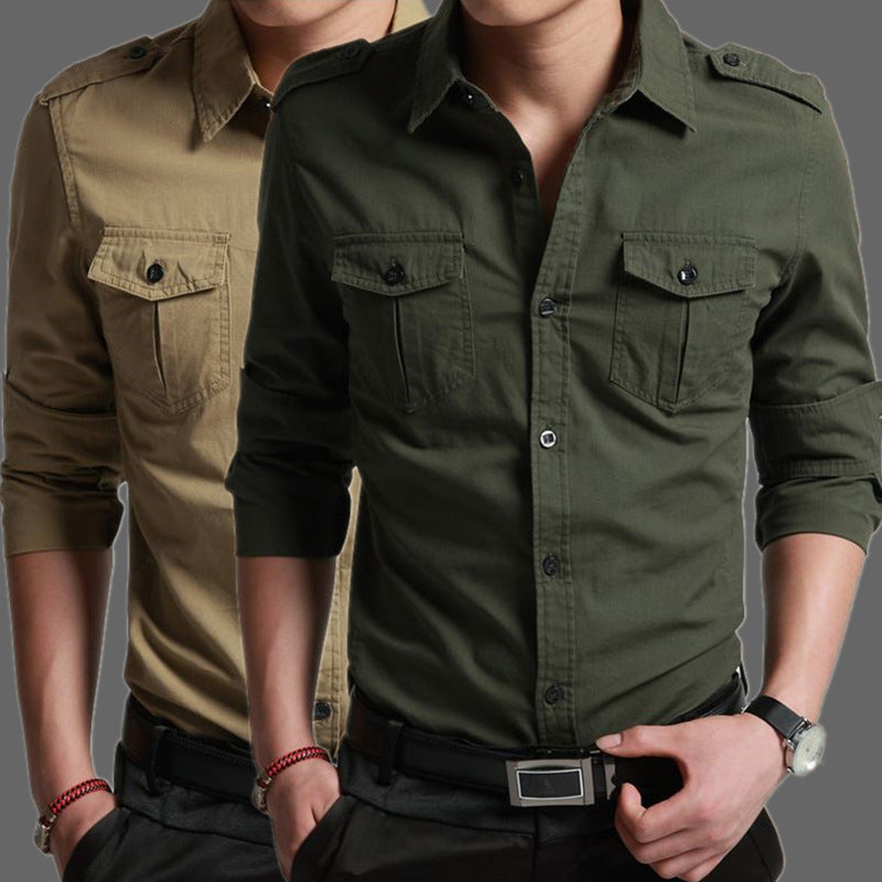 Herren Slim‑Fit Utility‑Hemd mit Schulterklappen und Pattentaschen Drune