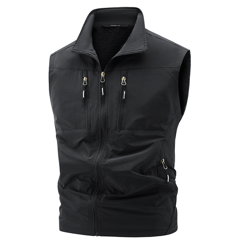 Herren nan multifunktionale technische Outdoor-Weste mit hohem Stehkragen, vier verdeckten Reißverschlusstaschen und atmungsaktivem Meshfutter Drune