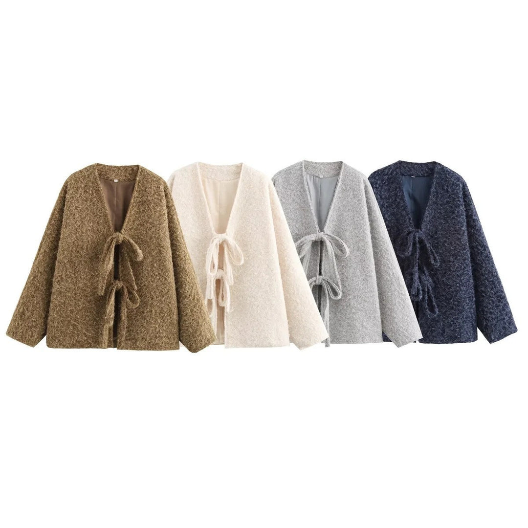 Damen elegante Wickeljacke aus hochwertigem Wollmix mit Binde-Detail Drune