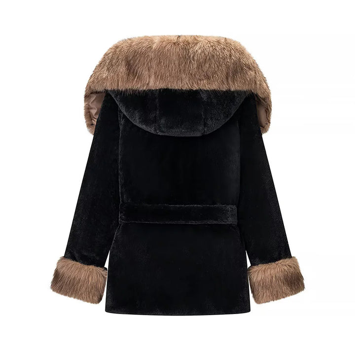 Damen nan kuschelige Kunstfell-Manteljacke mit Kapuze, Taillengürtel und Kontrastfutter Drune