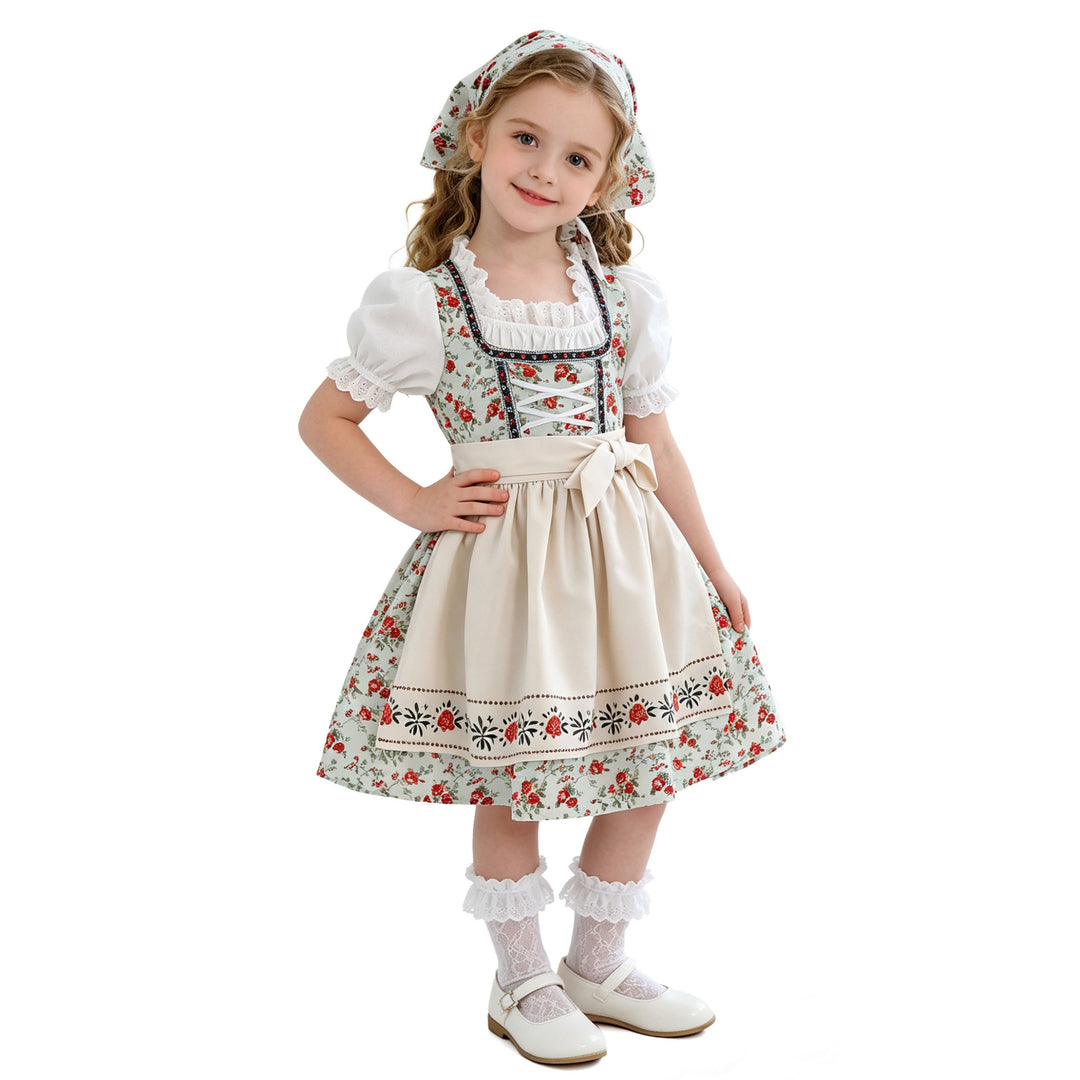 Damen nan traditionelles Kinderdirndl-Set mit Schnürkorsett, Puffärmeln und Kopftuch Drune