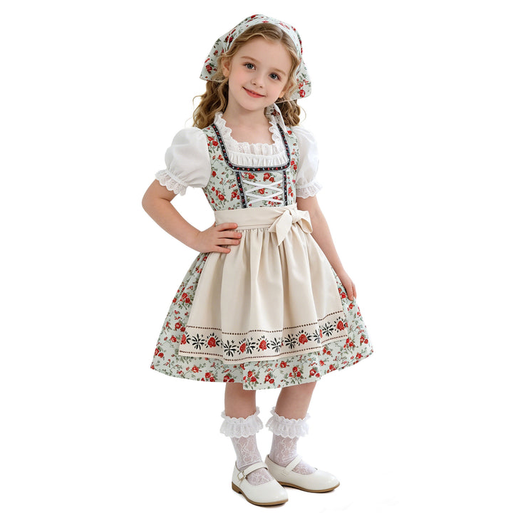 Damen nan traditionelles Kinderdirndl-Set mit Schnürkorsett, Puffärmeln und Kopftuch Drune