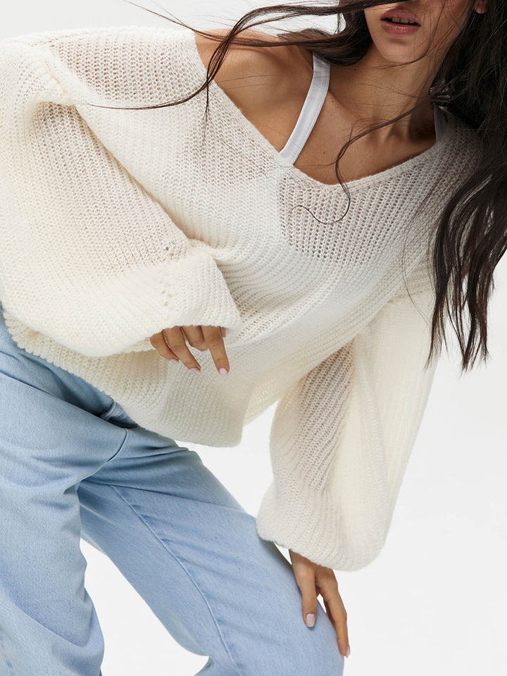 Damen lässiger Strickpullover mit tiefem V-Ausschnitt und voluminösen Ärmeln Drune