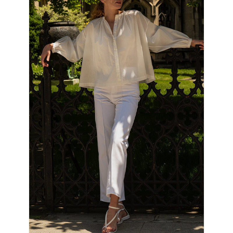 Damen Bluse mit hohem Kragen und eleganter Knopfleiste Drune