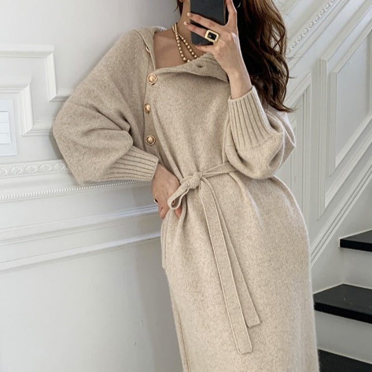 Damen elegantes Strickkleid mit modischem Rollkragen und detailreicher Knopfverschluss Drune