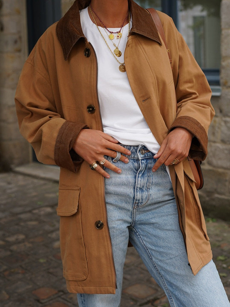 Damen lässige Baumwolljacke mit weichem Kragen und praktischen Taschen Drune