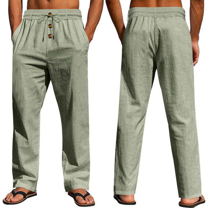 Herren nan lockere Leinen-Relaxhose mit elastischem Tunnelzugbund, Kordelzug und dekorativer Knopfleiste Drune