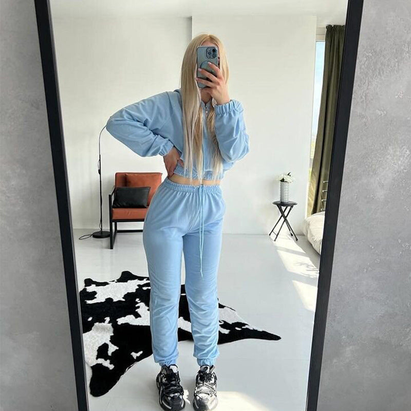 Damen Gekürztes Zip‑Hoodie mit elastischer High‑Waist Jogginghose Drune