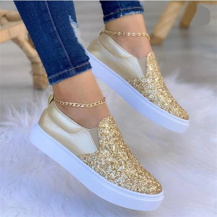 Damen Slip-On Plateau-Sneaker mit Glitzerfront, gepolstertem Fersenbereich und weißer Profilsohle Drune