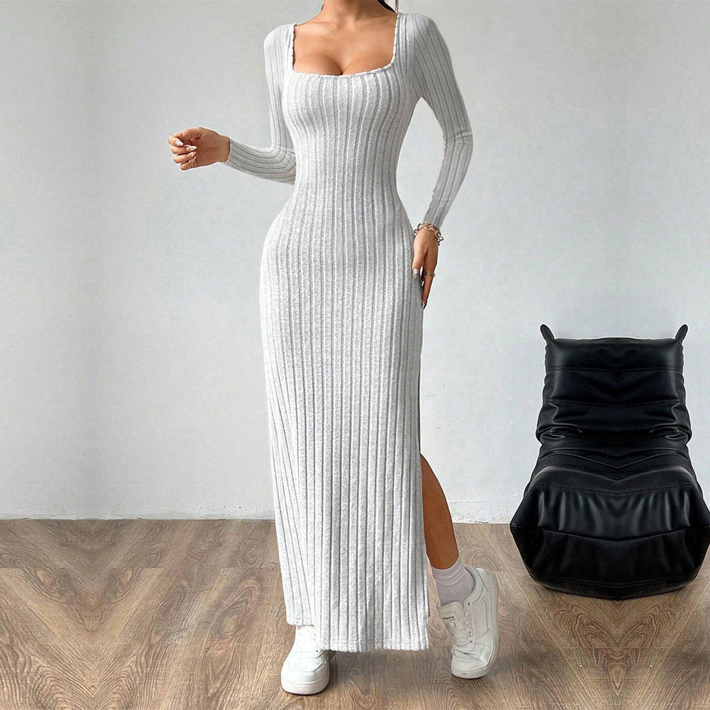 Damen figurbetontes geripptes Maxikleid mit quadratischem Ausschnitt und seitlichem Beinschlitz Drune