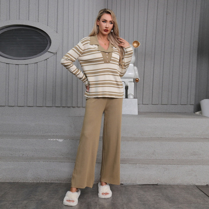 Damen elegantes Strick-Loungewear-Set mit einem modischen Kragen und weit geschnittenen Hosen Drune