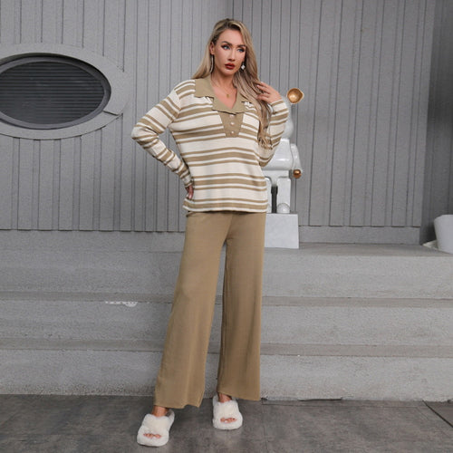 Damen elegantes Strick-Loungewear-Set mit einem modischen Kragen und weit geschnittenen Hosen Drune