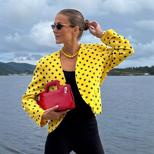 Damen Kurzblazer im Vintage-Punktmuster, Boxy-Cut & leichtem Leinenmix Drune