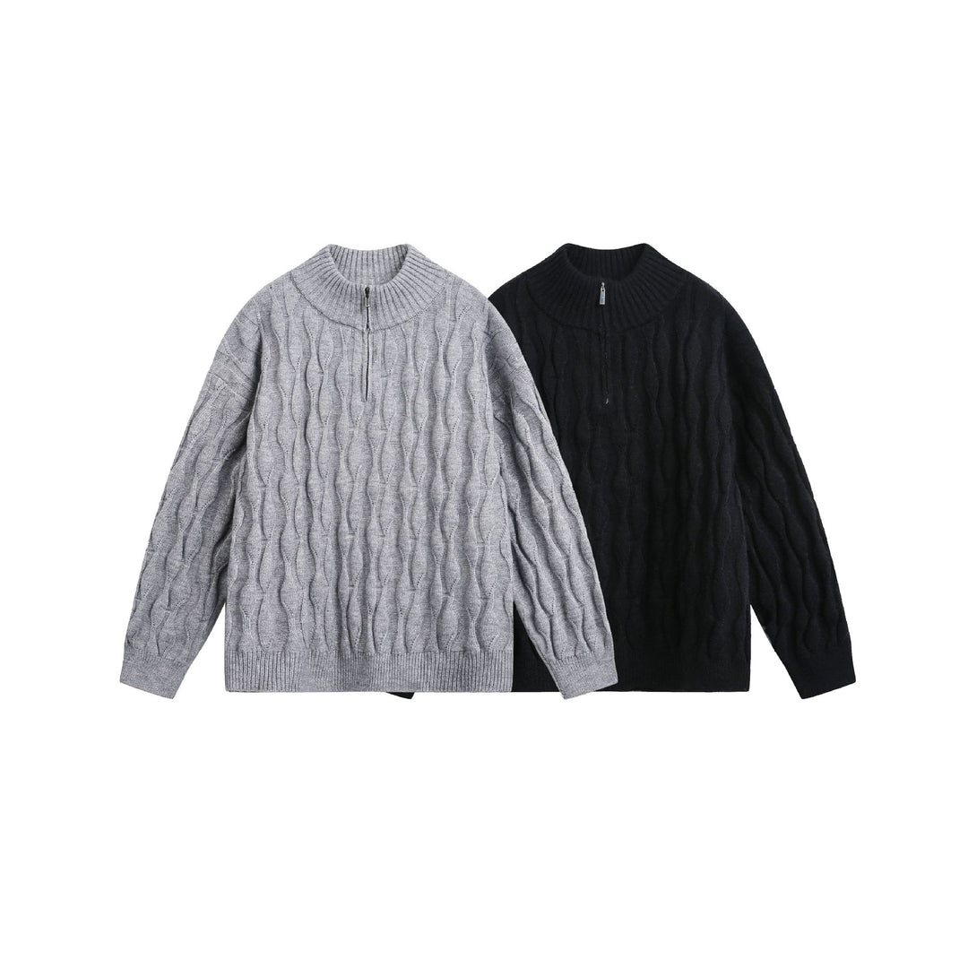 Unisex Grobgestrickter Halfzip-Pullover mit Zopfmuster und Stehkragen Drune