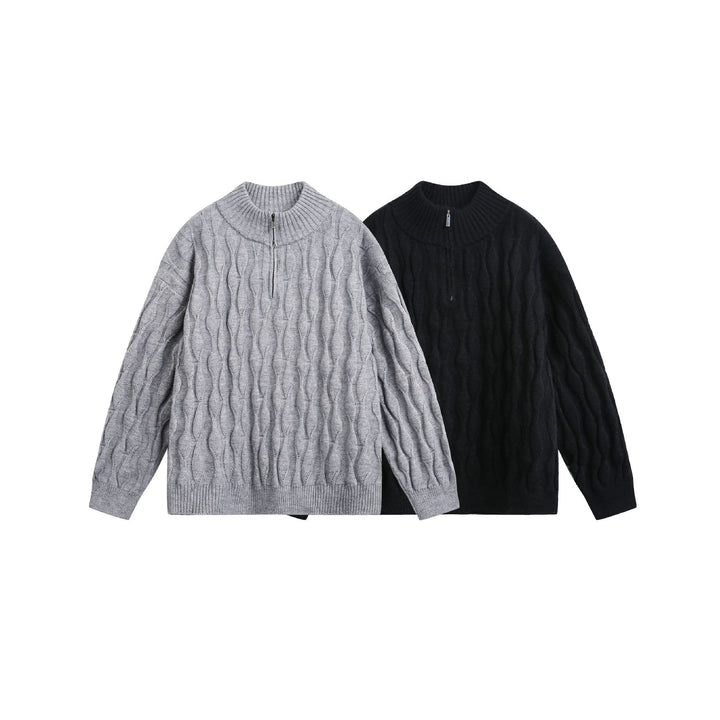 Unisex Grobgestrickter Halfzip-Pullover mit Zopfmuster und Stehkragen Drune
