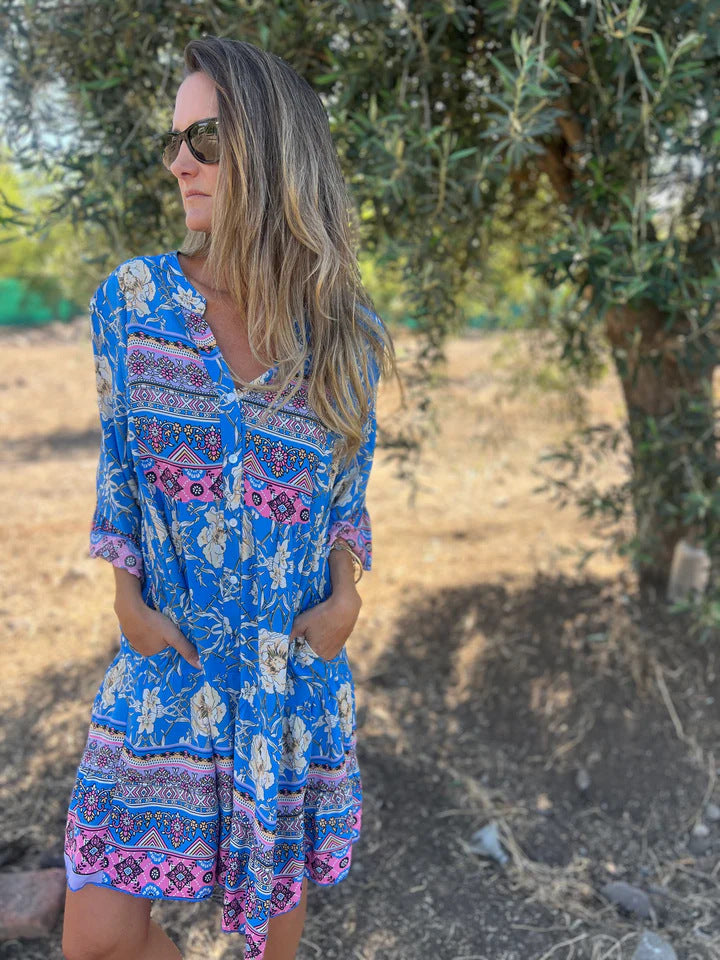 Damen Boho-Chic Kleid mit floralen Mustern und Knopfleiste Drune