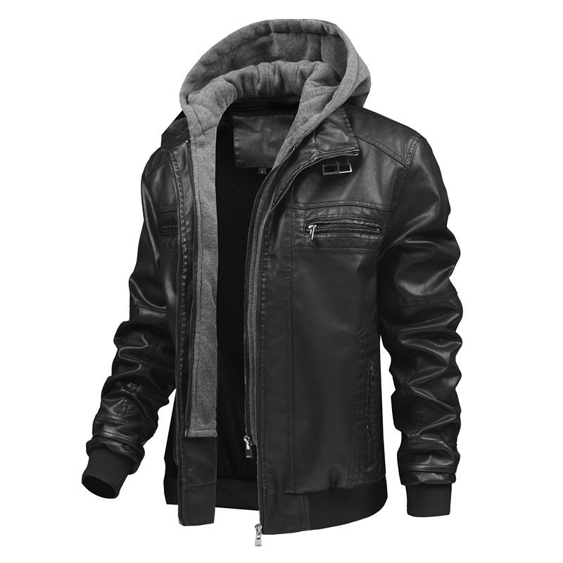 Herren Modische Kunstlederjacke mit integrierter Kapuze Drune