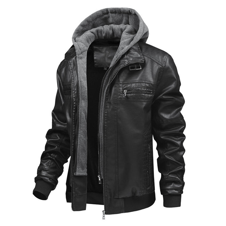 Herren Modische Kunstlederjacke mit integrierter Kapuze Drune