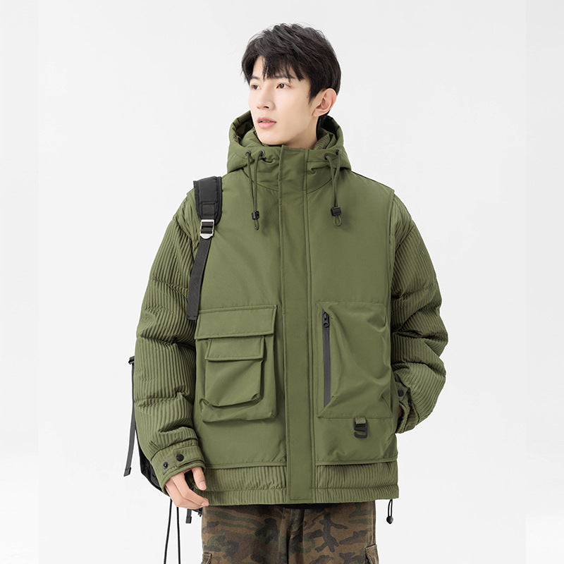 Herren Gepolsterte Winterjacke mit Kapuze, gesteppte Ärmel und Cargo-Taschen Drune