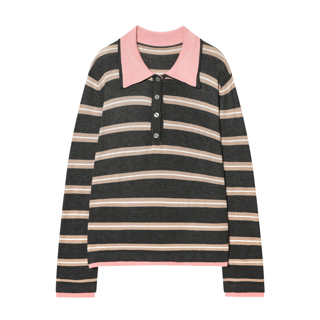 Damen nan taillierter Strick-Polo mit Kontrastkragen und durchgehender Knopfleiste Drune