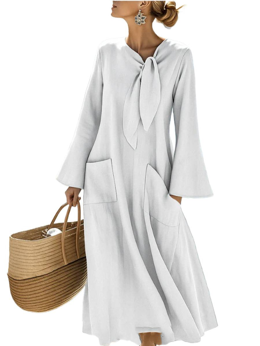 Damen Langes A-Linien-Kleid mit Schleifenkragen und aufgesetzten Taschen Drune
