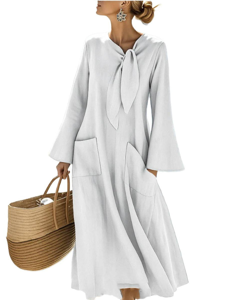 Damen Langes A-Linien-Kleid mit Schleifenkragen und aufgesetzten Taschen Drune