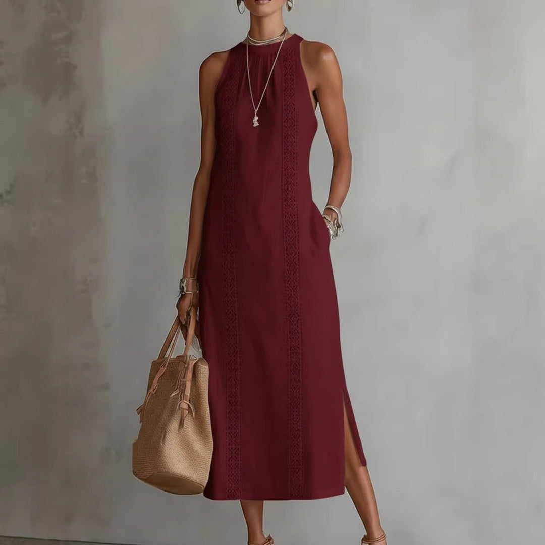 Damen Elegantes Sommer-Maxi-Kleid mit Spitzenapplikation und seitlichem Schlitz Drune