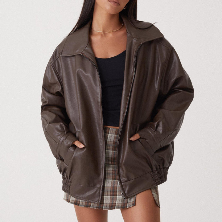 Damen Oversize Kunstleder Blouson mit Reißverschluss und elastischem Saum Drune