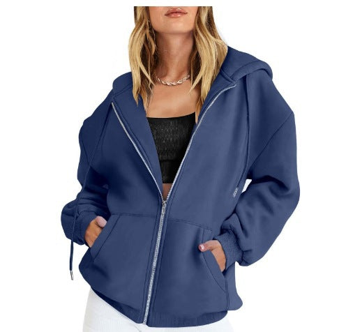 Damen nan oversized Zip-Kapuzenjacke mit kontrastierendem Reißverschluss, doppellagiger Kapuze und Kängurutasche Drune