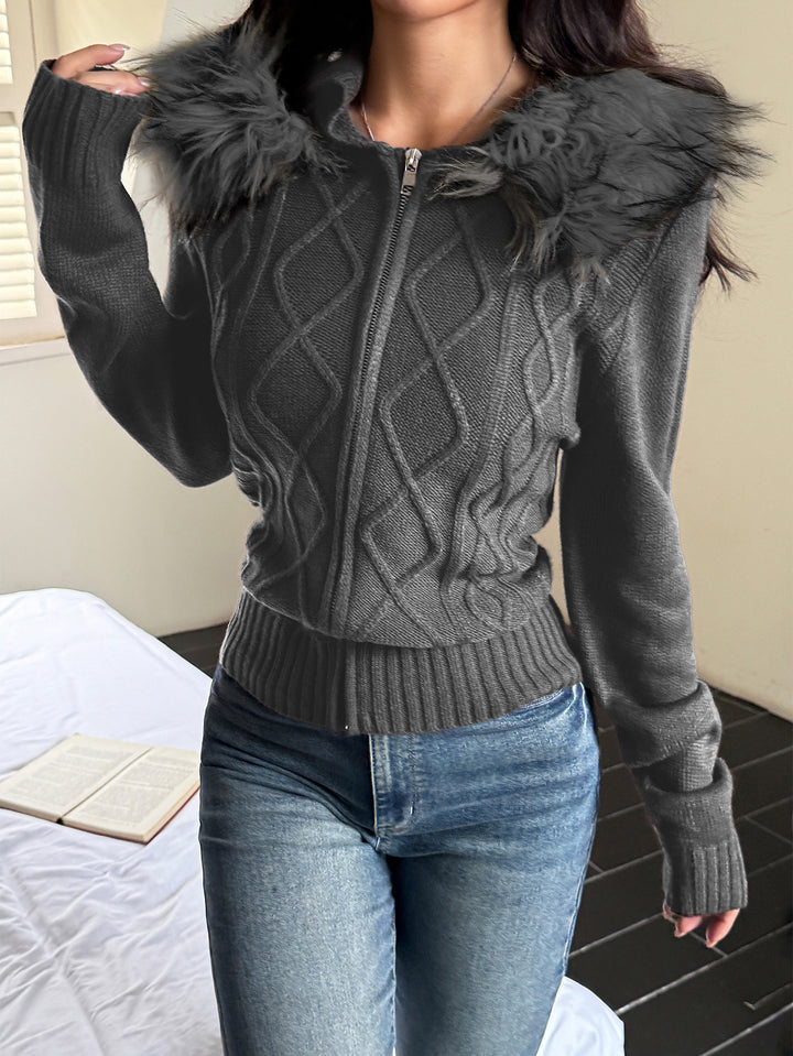 Damen nan taillierte Zopfmuster-Strickjacke mit durchgehendem Reißverschluss und abnehmbarer Kunstpelzkapuze Drune