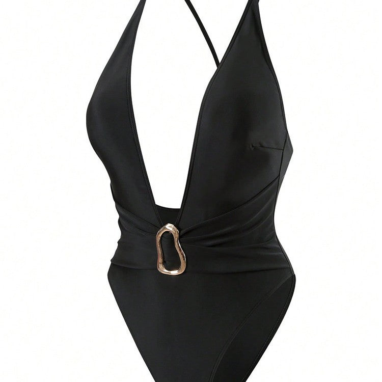 Damen Einteiler Badeanzug mit tiefem V-Ausschnitt und stilvollem Ringdetail Drune
