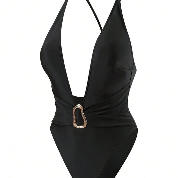 Damen Einteiler Badeanzug mit tiefem V-Ausschnitt und stilvollem Ringdetail Drune
