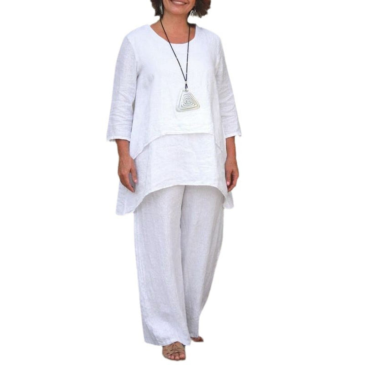 Damen Lässiges Zweiteiliges Leinen-Set mit Oversize-Tunika und weiter Palazzo-Hose Drune