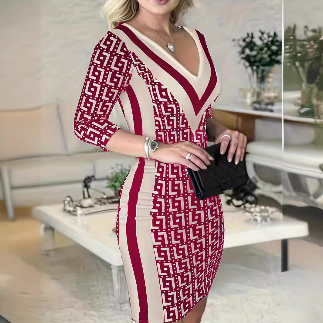 Damen Figurbetontes Etui-Kleid mit tiefem V-Ausschnitt und Dreiviertelärmeln Drune