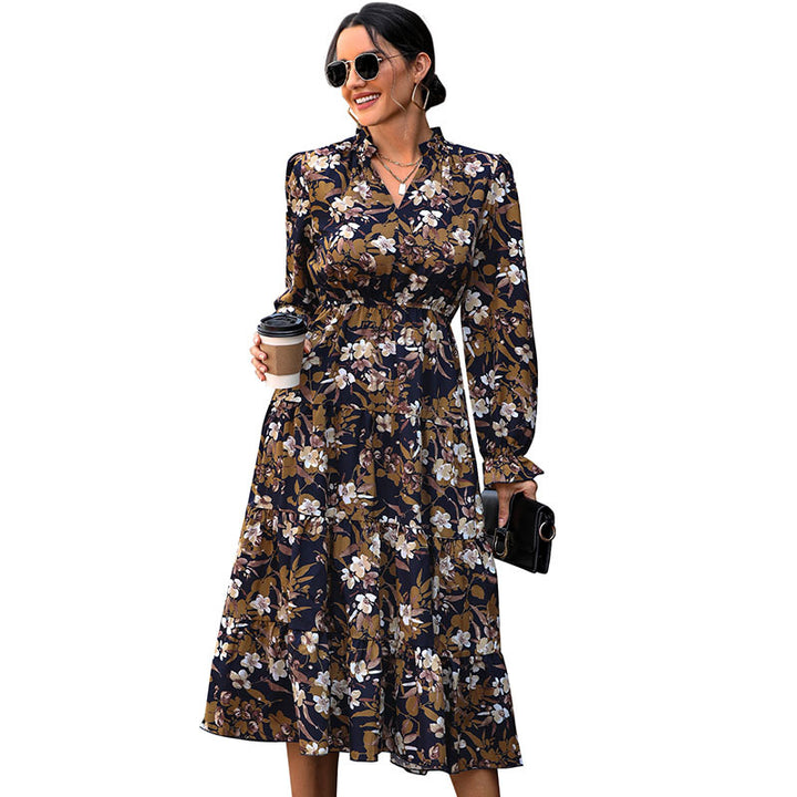 Damen Midikleid im Vintage-Floraldessin mit Stehkragen, Smok-Taillierung und Stufenrock Drune
