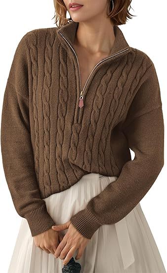 Damen Grobstrick Pullover mit Stehkragen und halbem Reißverschluss Drune