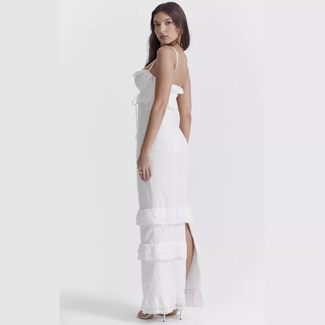 Damen elegantes Spitzen-Maxikleid mit Rüschendetails und schmalen Spaghettiträgern Drune