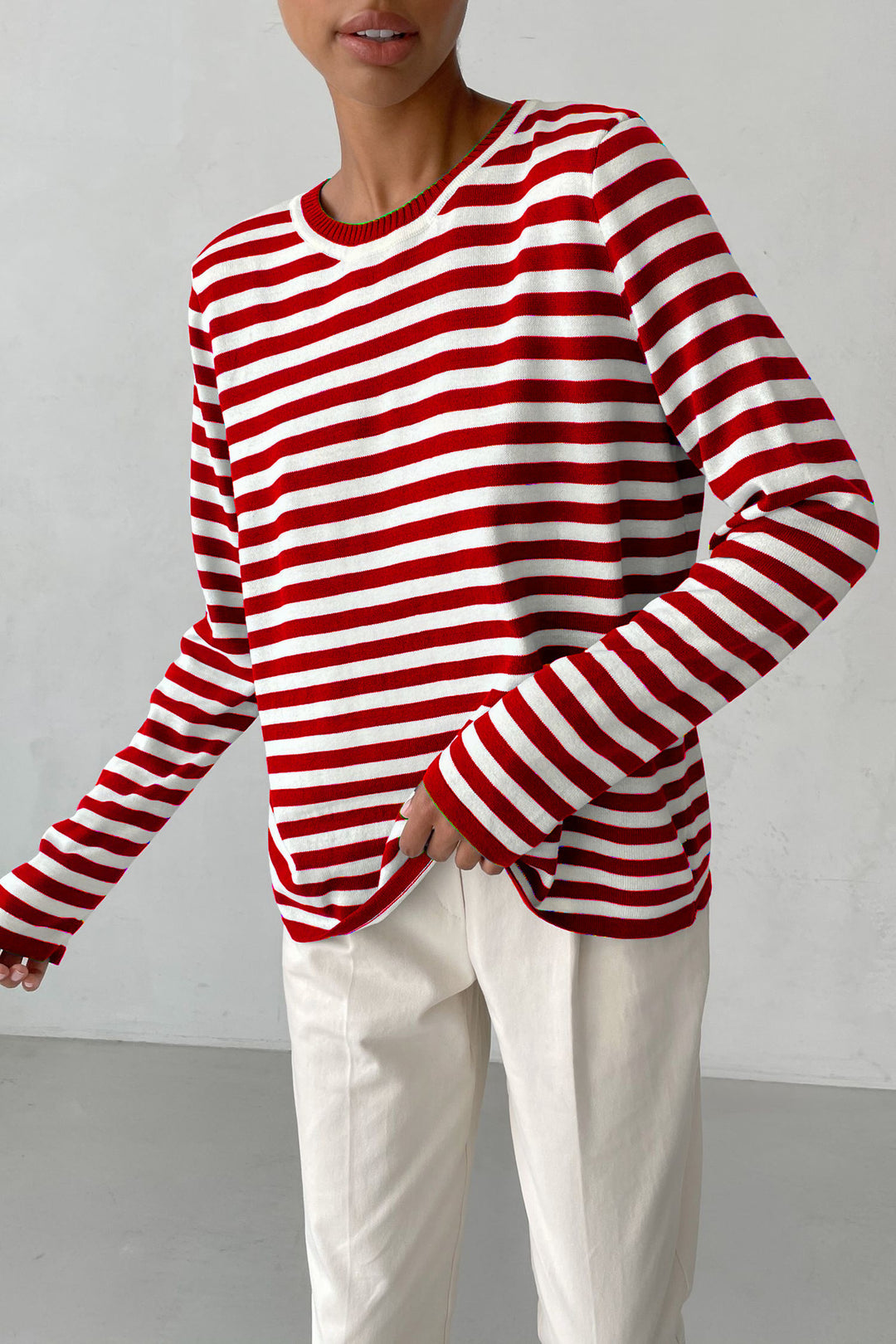 Damen nan gestreifter Baumwollpullover mit Rundhals und legerer Passform Drune