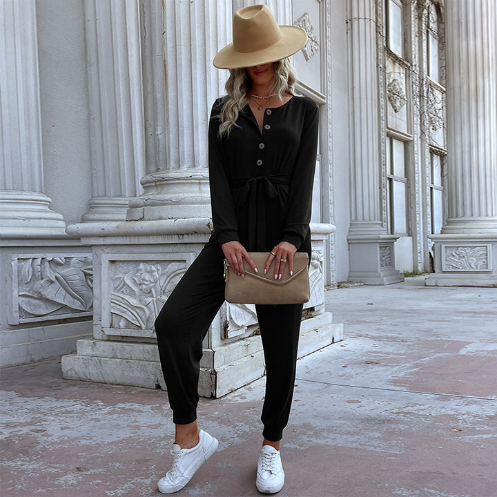 Damen Lässiger Einteiler-Jumpsuit mit Knopfleiste, Bindegürtel und Rippbündchen Drune