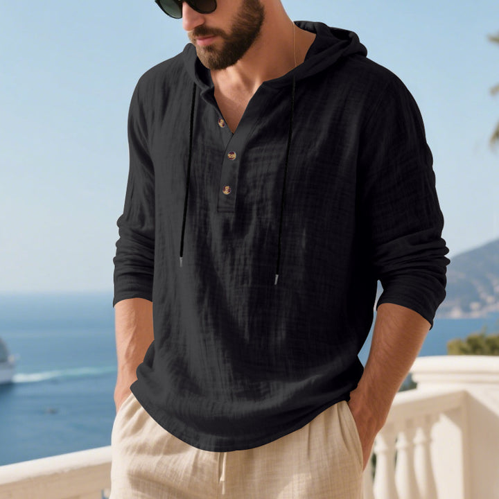 Herren nan lässiges Kapuzen-Henleyshirt in Leinenoptik mit durchgehender Knopfleiste und relaxed Fit Drune