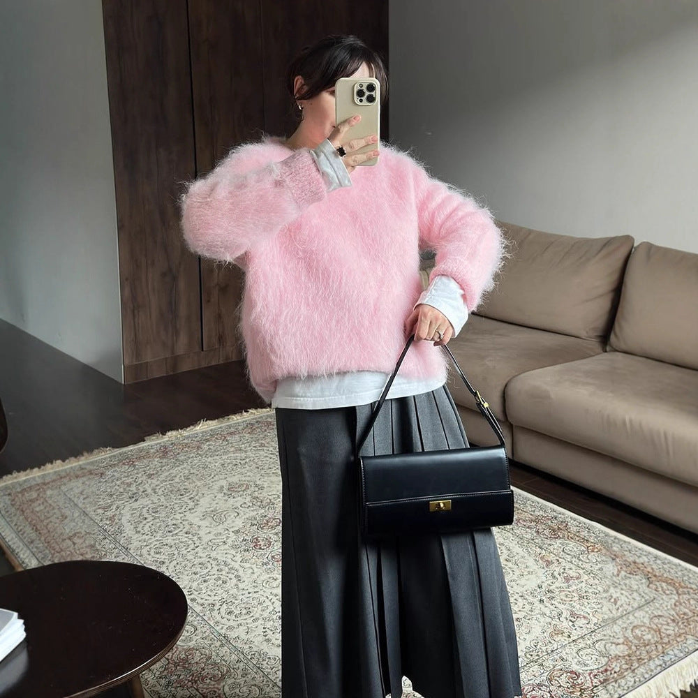 Damen Oversized Mohairpullover mit flauschiger Textur und Rundhalsausschnitt Drune