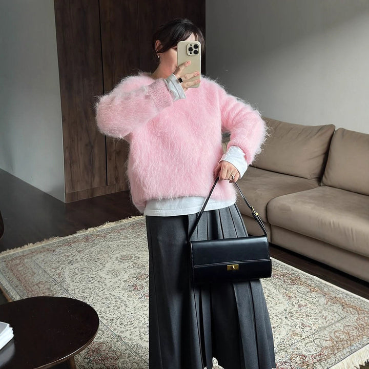 Damen Oversized Mohairpullover mit flauschiger Textur und Rundhalsausschnitt Drune