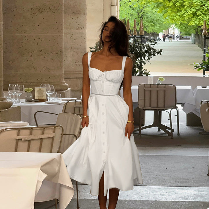 Damen langes Sommerkleid mit tailliertem Oberteil und eleganten Knopfdetails Drune