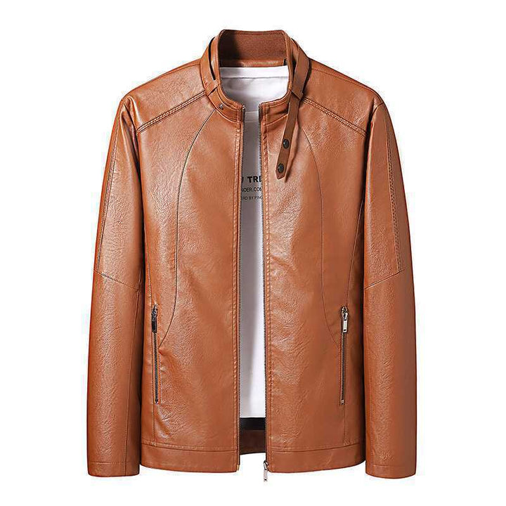 Herren Slim-Fit Lederoptik-Blouson mit Stehkragen, verdecktem Reißverschluss und Seitentaschen Drune
