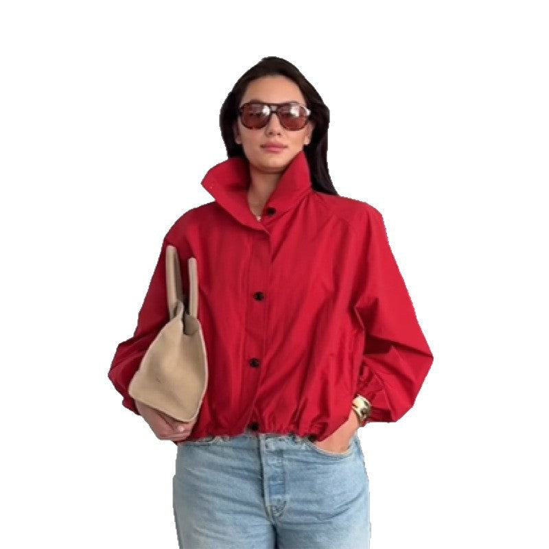 Damen Modische Kurzjacke mit hohem Kragen und elastischem Bund Drune