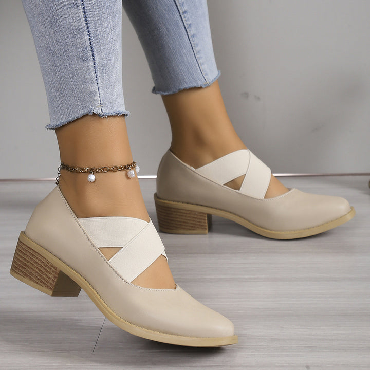 Damen Slipper-Pumps mit kreuzenden Elastikriemen und Blockabsatz Drune