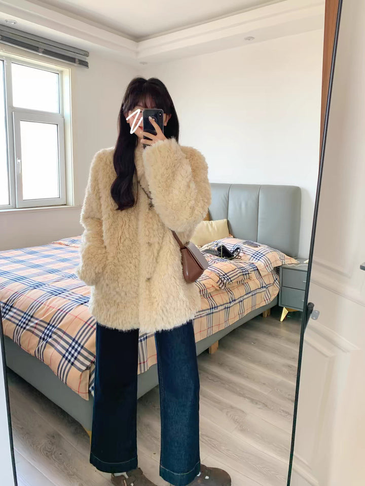 Damen Teddy-Mantel aus Kunstfell mit Oversize-Schnitt und Eingrifftaschen Drune