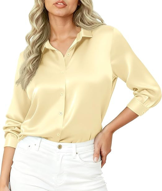 Damen Seidiges Satin-Blusenshirt mit Hemdkragen und dreiviertel Ärmeln Drune