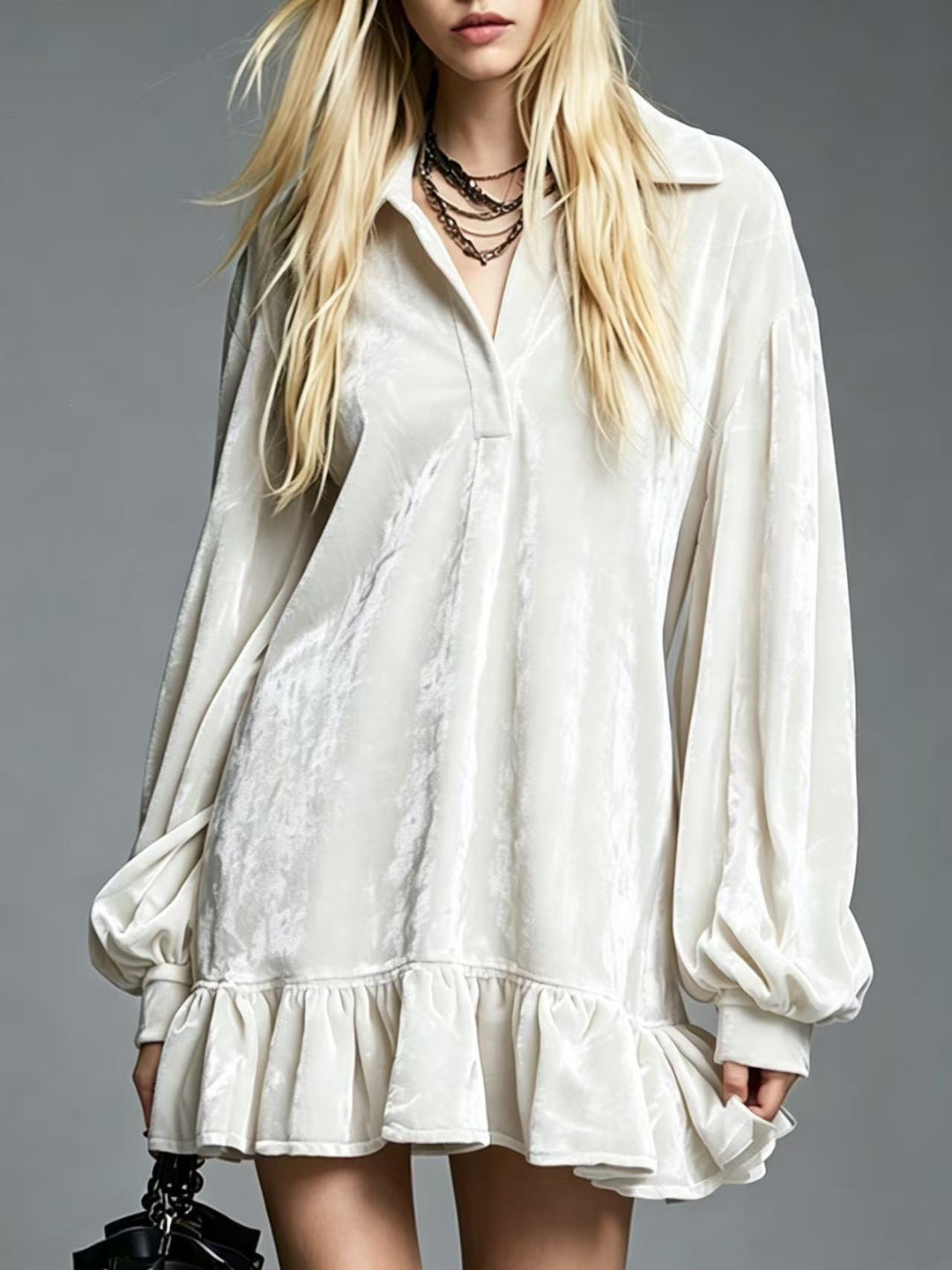 Damen Samt-Minikleid mit Volant-Saum, Ballonärmeln und Hemdkragen Drune